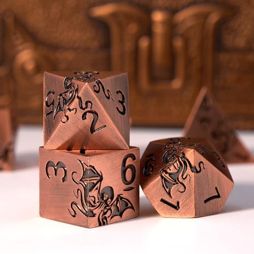 Metal RPG Dice Set,7-Piece Octopus Design,Aged Brass Color,Solid Zinc Alloy Dice for Fantasy Tabletop Role-Playing Games & Gift Box (Brass) - color: Brass