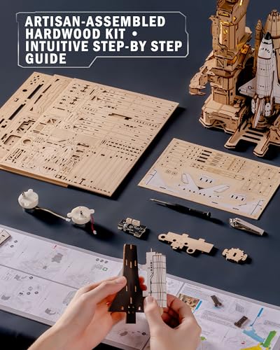 ROKR 3D Puzzles for Adults DIY Space Shuttle | Moving Building Model with Light, Airplane Wooden Puzzles, Desk Decor, Engineering Gifts for Adults Men 14+, STEM Project