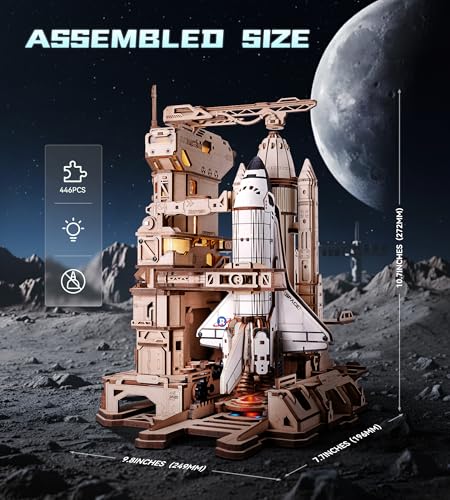 ROKR 3D Wooden Puzzles Space Shuttle-Dynamic Launch Base with Motorized Lift, LED Light Effects, 1:420 Scale Collectible Building Kit Airplane Wooden Puzzles Gift for Adults