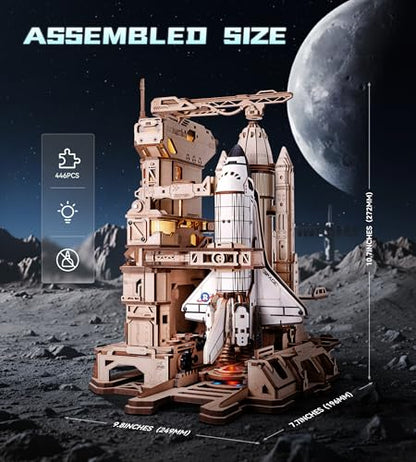 ROKR 3D Wooden Puzzles Space Shuttle-Dynamic Launch Base with Motorized Lift, LED Light Effects, 1:420 Scale Collectible Building Kit Airplane Wooden Puzzles Gift for Adults