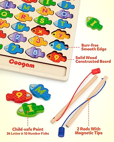 Coogam Magnetic Alphabet Numbers Fishing Game, Wooden ABC Letter Numbers Color Matching Puzzle Fine Motor Montessori Educational Toy for Preschool 3 4 5 Year Old Toddlers