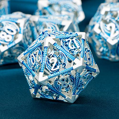 ARUOHHA Hollow DND Metal Dice Set Blue Dragons D and D Dice, RPG Role Playing Games Dungeons Polyhedral Dice with Gift Box D20 D12 D10 D8 D6 D4 - color: Silver Blue