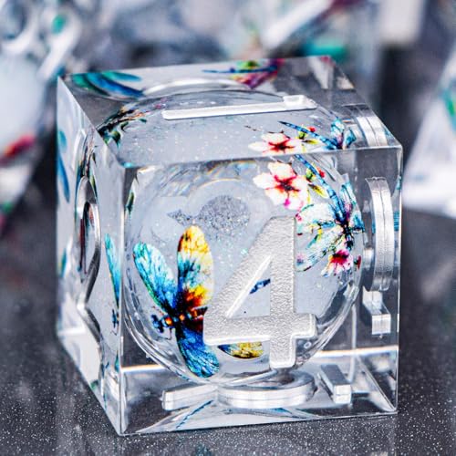 DND Dragonfly Dice 7PCS Polyhedral Sharp Edge Dice Set with Gift Case for Dungeons Dragons Role Playing Game, RPG Resin D and D Dice D6 D8 D10 D12 D20 D% (White Silver) - color: Qt-white Silver
