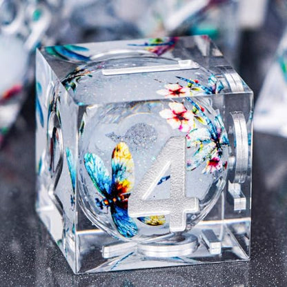 DND Dragonfly Dice 7PCS Polyhedral Sharp Edge Dice Set with Gift Case for Dungeons Dragons Role Playing Game, RPG Resin D and D Dice D6 D8 D10 D12 D20 D% (White Silver) - color: Qt-white Silver
