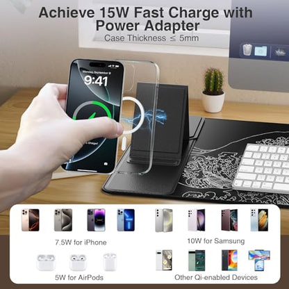 Wireless Charging Mouse Pad with Phone Holder, 31.5"x15.8" in, Black Wave | Large Desk Mat for Laptop/Keyboard, Waterproof Ultra-Smooth Surface, Non-Slip Base - color: Black Wave-Phone Holder-31.5"x15.8"