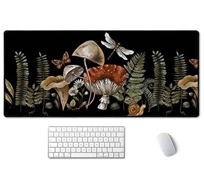 SSOIU Cute Witch Magic Mushroom Forager Fern Desk Mat, Boho Extended Mouse Pad, Extra Large Gaming Desk Pad Non-Slip Water-Resistant Rubber Base Computer Keyboard Mouse Mat, 35.5 x 15.7-inch - color: Mushroom Forager Fern