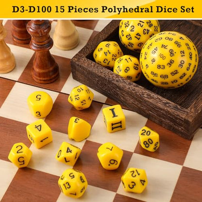 Civaner 15 Pcs Complete Polyhedral Dice Set D3-D100 Spherical RPG Dice Set in Opaque Black, 100 Sides for Role Playing Table Games Party Supplies(Yellow and Black) - color: Yellow and Black