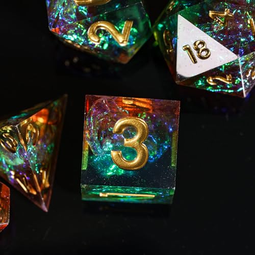 7PCS DND Dice Set,Handmade Sharp Edge Dice Set D&D RPG Polyhedral Die,for Dungeons and Dragons TTRPG Games Roleplaying Games Pathfinder,with Gift Box(Green with Brown) - color: Starry Sky(green With Brown)