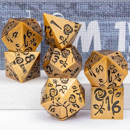 Gothic DND Dice Set Bleeding Rose Metal D and D Dice for use with Dungeons Dragons D&D Role Playing Game, Antique Gold RPG Blood Polyhedral Dice Set D20 D12 D10 D8 D6 D4 - color: Antique Gold