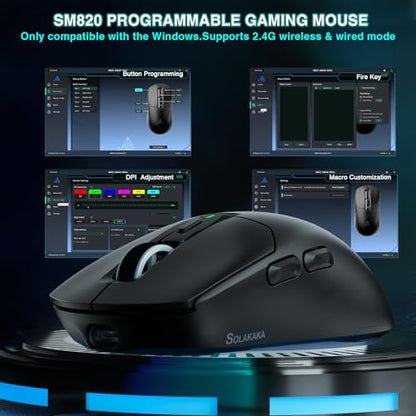 SOLAKAKA SM820 Wireless Gaming Mouse with RGB Charging Dock,24000 DPI Tri-Modes Wireless Mouse with 2 Side Buttons,Programmable Macro Mouse for Gaming(Black) - color: black