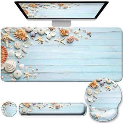 Desk Mat Set Keyboard and Mouse Pad with Wrist Rest Support | Ergonomic,Pain Relief, 4-in-1 Large Big Mousepad Computer Mats,Desk Pad Matt Mats for Desktop Home & Office - color: I-Blue Seashell
