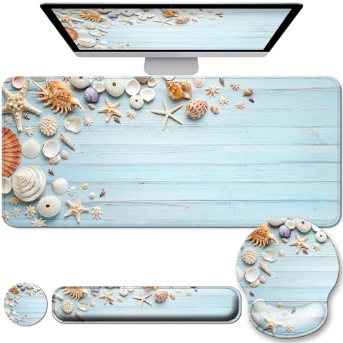 Desk Mat Set Keyboard and Mouse Pad with Wrist Rest Support | Ergonomic,Pain Relief, 4-in-1 Large Big Mousepad Computer Mats,Desk Pad Matt Mats for Desktop Home & Office - color: I-Blue Seashell