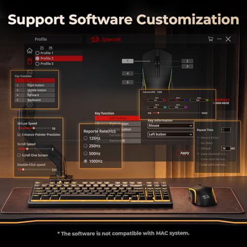 Redragon S156 Wireless Keyboard and Mouse with Tri-Mode, Mechanical Feel Keyboard and 4800 DPI 61G Ultra-Light Gaming Mouse, RGB Backlit, 4 Macro Keys, Long Battery Life for PC, Mac, Ideal for Gamer - color: Deep Black