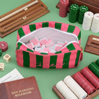 Sanwuta 1 Pcs Mahjong Tile Bag with Zipper,Rose, Green,Striped | Embroidered Mahjong Case for 166 American Mahjong Tiles (1.2") Portable Bags for Board Game Party Gathering Travel - color: Pink, Green, style: Classic