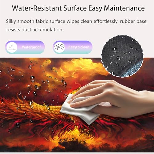 Golden Fire Phoenix Rebirth Art Large Mouse Pad, Fantasy Painting Desk Mat | Keyboard Mat Stitched, 31.5" x 11.8", Mythical Bird Creature Rising From Ashes, Red Orange Clouds Landscape, Anti-Slip - color: Vibrant Design J15K