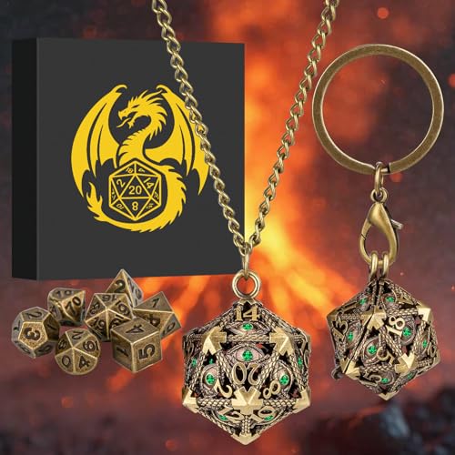 Mini DND Dice Set with Hollow D20 Metal Case Portable Keychain Necklace, Tiny 7pcs Polyhedral D&D Dice Set, DND Gifts with Gift Box, D&D Accessories for RPG（Green Diamond, Bronze） - color: Bronze