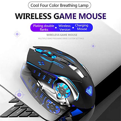 AULA SC100 Silent Wireless Gaming Mouse Rechargeable, with Side Buttons, LED Backlit, DPI Adjustable, 2.4G Wireless Optical Computer Mice Punk Cool Mouse for Games/Work (Black) - color: 2.4G (Black)
