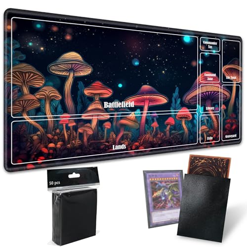 Board Game Mat TCG Playmat Plus 50 Pcs Card Sleeves, 24 x 14 inches Table Mats Games Mousepad with Zones Smooth Surface for MTG RPG CCG Trading Card Game Play Mats, Neon Mushroom - color: Neon Mushroom, size: Zone 1