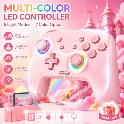 Switch Controller, Wireless Pro Controller for Nintendo Switch 2/Switch/Lite/OLED, Bluetooth controllers Compatible with iPhone/Mac/iPad/iOS/Android/Phone/PC/Steam and TV with Programming/RGB4/Vibration / 3 Turbo Modes/6-Axis/Motion (Pink) - color: Pink