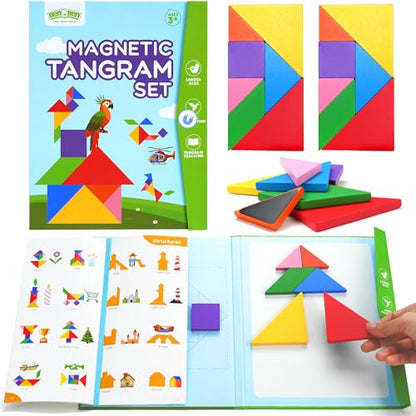 BenBen Travel Tangram Puzzle with 2 Sets Magnetic Wooden Shapes for Kids | Extra Large Dual-Sided Magnet Surface, Color Pattern IQ Book, Road Trip Car Plane Game, Educational STEM Toys for Kids Adults - style: 14 Pieces Blocks