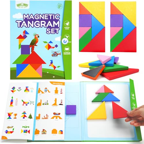 BenBen Travel Tangram Puzzle with 2 Sets Magnetic Wooden Shapes for Kids | Extra Large Dual-Sided Magnet Surface, Color Pattern IQ Book, Road Trip Car Plane Game, Educational STEM Toys for Kids Adults - style: 14 Pieces Blocks
