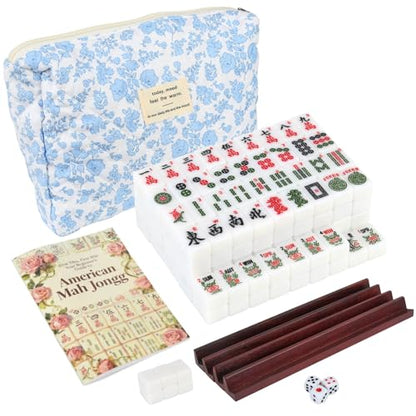 Travel American Mahjong Tile Set | 166 PCS 0.8 Inch Mini Mahjong Game Tiles, 4 Wooden Racks, Floral Storage Bag, 3 Dice & Beginner's Guide, Complete Portable Set - color: White