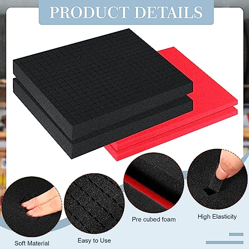 Frienda 4 Pcs Foam for Cases Pick Apart Inserts 2 Size Pluck Pre Cube Sheet Foam with Bottom Use for Board Game Box Cases Storage Drawer Tool Box, Black Red(16 x 12 x 2'')