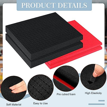 Frienda 4 Pcs Foam for Cases Pick Apart Inserts 2 Size Pluck Pre Cube Sheet Foam with Bottom Use for Board Game Box Cases Storage Drawer Tool Box, Black Red(16 x 12 x 2'')