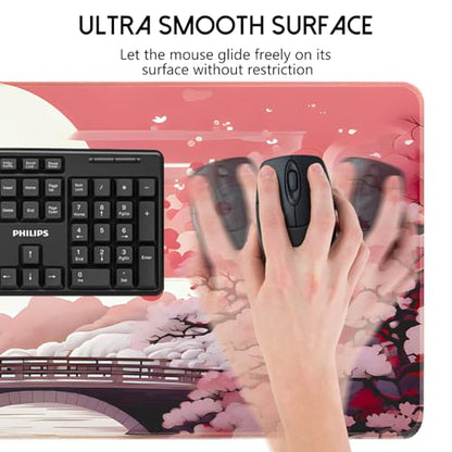 FreeNook Japanese Large Gaming Mouse Pad 35.4 x 15.7 in Computer Mouse Pad Anime Gaming Mousepad, Expanded Architecture Cute Desk Pad with Nop-Slip Suitable for Home Office - color: Cherry Tree, size: 35.4L x 15.7W inches