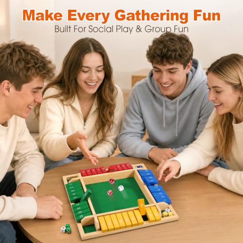 Shut the Box Game, 8.7" Portable Wooden Board Game with Upgraded Mechanics (+, −, +/−, Re-Roll), Math Dice Game for Kids, 2–4 Players, for Classroom, Travel & On-the-Go Play
