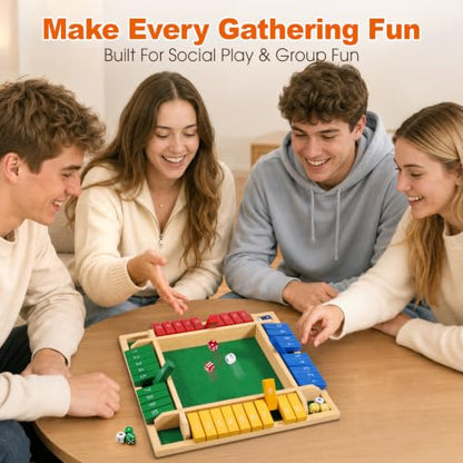 Shut the Box Game, 8.7" Portable Wooden Board Game with Upgraded Mechanics (+, −, +/−, Re-Roll), Math Dice Game for Kids, 2–4 Players, for Classroom, Travel & On-the-Go Play