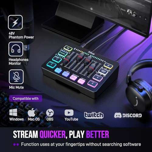 FIFINE Gaming Audio Mixer, Streaming RGB PC Mixer with XLR Microphone Interface, Individual Control, Volume Fader, Mute Button, 48V Phantom Power, for Podcast/Recording/Vocal/Game Voice-AmpliGame SC3 | USB PnP For PC,Mute Button,XLR Preamp,RGB,Voice chang