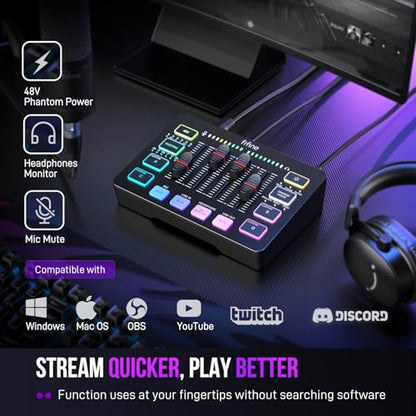 FIFINE Gaming Audio Mixer, Streaming RGB PC Mixer with XLR Microphone Interface, Individual Control, Volume Fader, Mute Button, 48V Phantom Power, for Podcast/Recording/Vocal/Game Voice-AmpliGame SC3 | USB PnP For PC,Mute Button,XLR Preamp,RGB,Voice chang