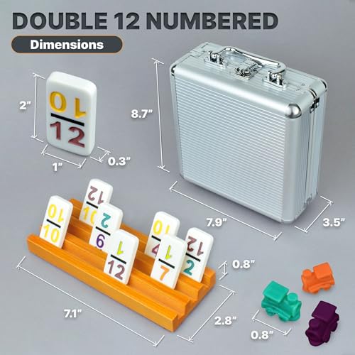 Queensell Mexican Train Dominoes Set with Numbers and 4 Holders - Wooden Hub and Domino Holders - Double 12 with Numbers (D12 Numbers + 4 Holders) - style: D12 Numbers + 4 Holders