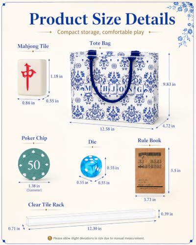 BESTOYARD 1.2-Inch Chinese Mahjong Set, 144 Tiles, 4 Racks and Carrying Bag | Traditional Mahjong Tile Set with 100 Chips, 6 Dice and Rule Book for 4 Players, Beginners, Travel and Family Game Night