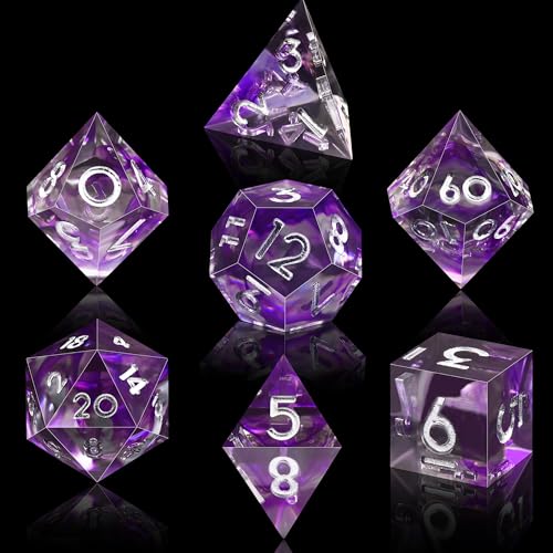 AUSTOR 7-Die DND Dice Set Handmade Sharp Edge Polyhedral Dice for Dungeons and Dragons D&D RPG MTG Table Games (Black & Violet, Silver) - color: Black & Violet，silver