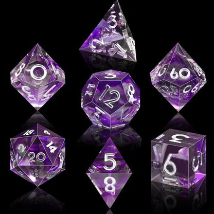 AUSTOR 7-Die DND Dice Set Handmade Sharp Edge Polyhedral Dice for Dungeons and Dragons D&D RPG MTG Table Games (Black & Violet, Silver) - color: Black & Violet，silver