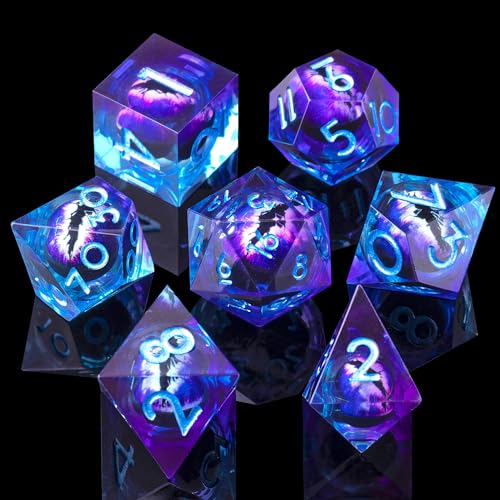 Beholder'S Eye DND Dice- Dragon Eye Liquid Core Sharp Edge Handmade Dice Set for Dungeons and Dragons Ttrpg, Multi-Sided RPG Polyhedral Resin Roleplaying(Blue Purple - color: Dragon Eye-blue Purple