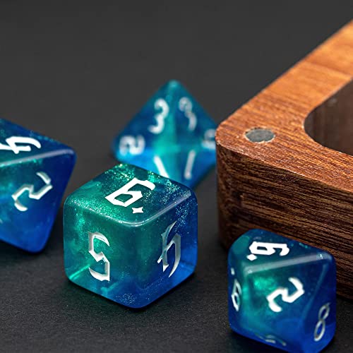 5 Sets DND Dice, Polyhedral Dice Set (35pcs) with Leather Die Bag, D&D Die Set for RPG Table Games (Sickle Font Double Color Glitter Series). - color: 5 Sets Sickle Font Glitter