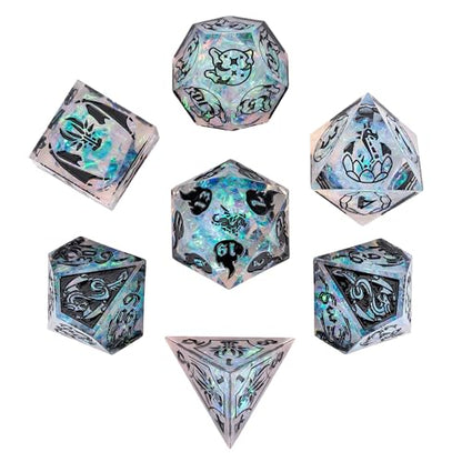 Cusdie 7-Piece Sharp Edges DND Dice Set with Dragon Pattern - Perfect for Tabletop RPGs Board Games Gifting and Collecting(Galaxy/Black Number) - color: Dragon Pattern Tc/B