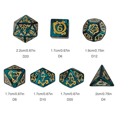 7-Die DND Dice Set Dragon Pattern Polyhedral Die with Leather Bag D&D Dice Set for RPG Table Games (Green W/Gold Dragon Pattern) - color: Green W/Gold Dragon Pattern