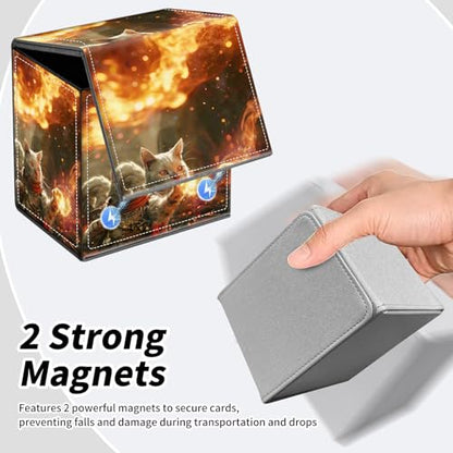 BVDIKMI Card Deck Box for Trading Cards, Card Storage Box Fits 100+ Single Sleeved Cards, PU Leather Strong Magnet Card Deck Case Holder for Magic Commander TCG CCG, Magic Cat - color: Magic Cat