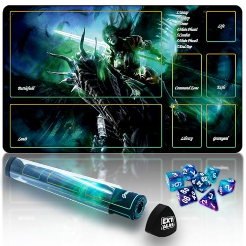 MTG Playmat with Storage Tube & 7-Dice Set - Waterproof TCG Playmat with Stitched Edges, Non-Slip Rubber Card Game Mat (24"x14") (playmat with Zones, 2-A Hero on a Horse) - color: 2-a Hero on a Horse, style: playmat with zones