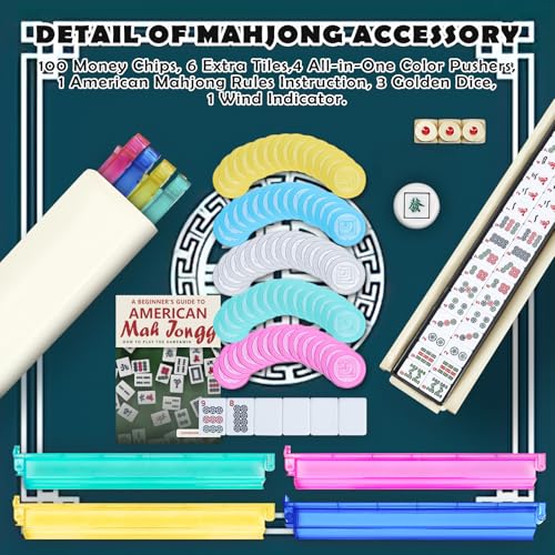 American Mahjong Tile Set, Mah Jong Set Complete with Bag, 166 White Tiles with Golden Dices for Travel, 4 All-in-One Mahjong Racks with Pushers (White) - color: White