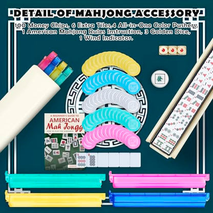 American Mahjong Tile Set, Mah Jong Set Complete with Bag, 166 White Tiles with Golden Dices for Travel, 4 All-in-One Mahjong Racks with Pushers (White) - color: White