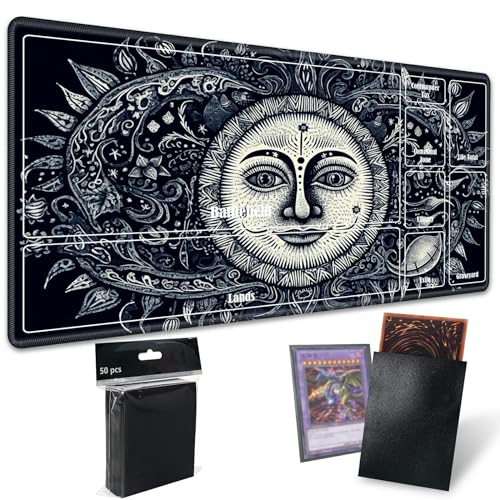 Board Game Mat TCG Playmat Plus 50 Pcs Card Sleeves, 24 x 14 inches Table Mats Games Mousepad with Zones Smooth Surface for MTG RPG CCG Trading Card Game Play Mats, Sun Face - color: Sun Face, size: Zone 1