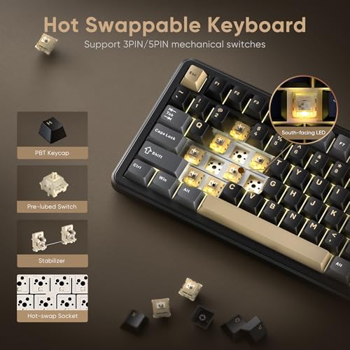 RedThunder K75 Wireless Mechanical Keyboard, CNC Knob, Tri-Mode BT5.0/2.4GHz/USB-C Hot Swappable Custom, Pre-lubed Linear Coconut Switches, Gasket Structure, RGB Gaming Keyboard, Black-Gold - color: Black Gold