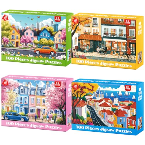 4 Packs 100 Piece Puzzles for Kids Adults, 4 in 1 Jigsaw Puzzles for Kids Ages 6-8 8-10, Beautiful House Large Piece Puzzle for Seniors Learning Educational Children Puzzle 5-8 for Boys and Girls - style: Beautiful House