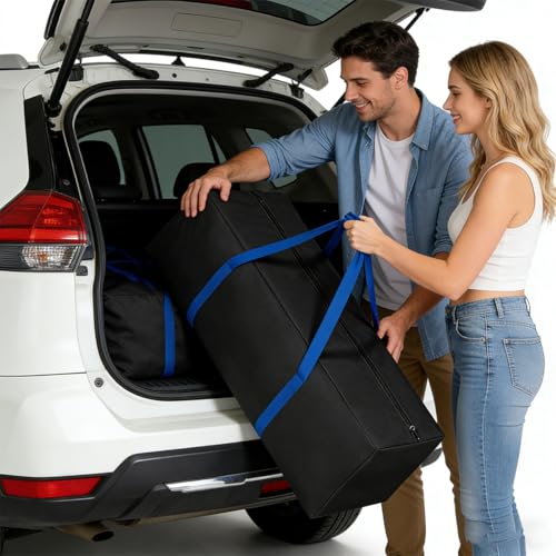 Sports Duffle Bag, 60 Inch Extra Large - Heavy Duty for Travel Gym Camping | 600D PU fabric, reinforced stitching & dual-zipper top. Padded suitcase-style grab handle. Wide blue webbing trim. - size: 60-inch