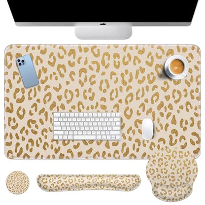 Arttown Keyboard Mouse Pad Set, 4 in 1 Desk Mat Set Leopard Gold | Cheetah Animal Print Large Mousepad+Keyboard Wrist Rest+Mouse Wrist Rest+Coaster Ergonomic Design for Home Office Computer - color: Gold Leopard